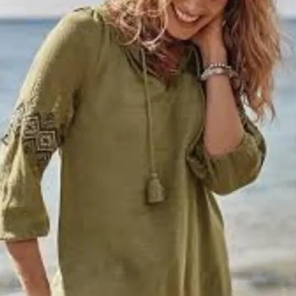 J.Jill Olive Green Embroidered Peasant Tunic Blouse Medium Tall 🌿 Boho Cotton - Picture 2 of 13